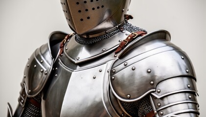Shining Knight: Close-up of a medieval suit of armor, showcasing intricate details, polished metal, and historical craftsmanship.