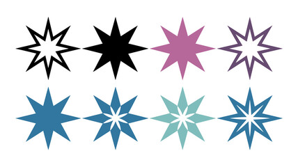 Obraz premium A collection of eight pointed stars in varying colors and shades arranged in a grid like pattern on a plain white background high quality professional detailed