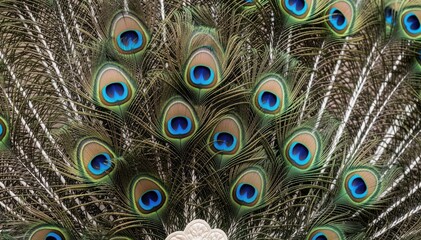 Obraz premium Peacock Feather Display: A breathtaking close-up unveils the exquisite beauty of a peacock's plumage, showcasing its vibrant feathers in a mesmerizing display of color and pattern.