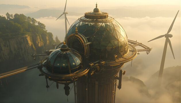 futuristic steampunk bio-dome city with glass and brass architecture floating over misty valley at sunset with wind turbines