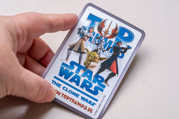 Fototapeta premium Star Wars Force Attax strategic trading cards by Topps , variety collectible gaming cards featuring movie characters, hobby activity and entertainment, playing Nostalgic and modern entertainment