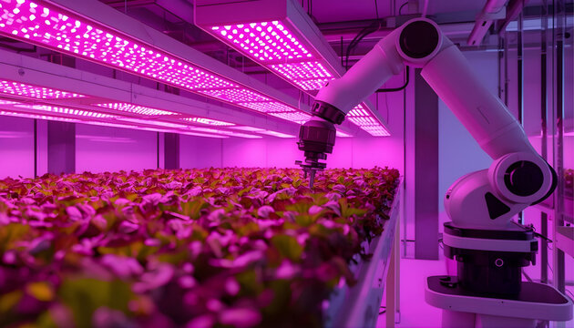 futuristic robotic arm working in indoor vertical farm with glowing pink led lights for smart agriculture