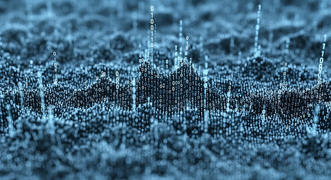 Abstract 3D Rendering of Creative Binary Code Software Programming Texture Representing Digital Data Stream Technology for Cyber Security Network and Information Processing Algorithm Development