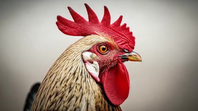 Closeup of rooster head with vibrant red comb and wattle on white background