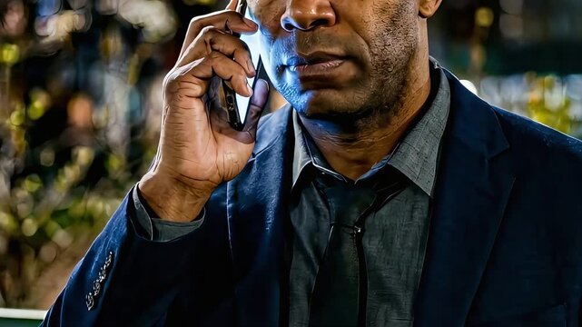 A man in a suit, with a serious expression, is holding his smartphone to his ear and talking on the phone on a street corner at night.
