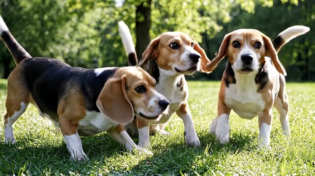 Beagles Sniffing and Sitting Together.