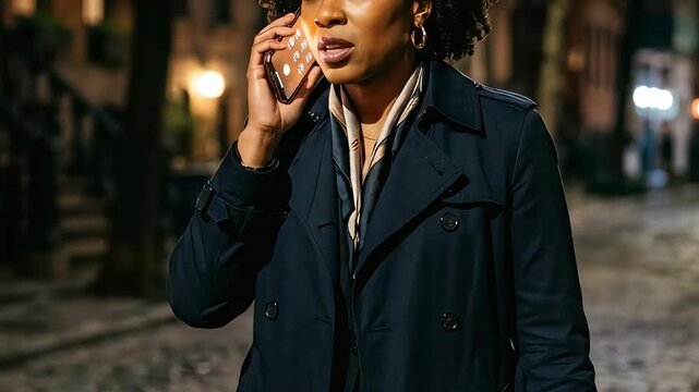 A woman makes phone calls while gesturing on a cobblestone street at night.