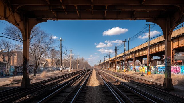 Urban railway tracks stretch under elevated bridge on sunny day