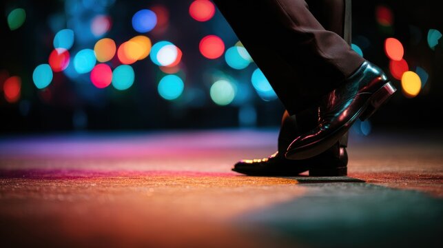 Tap Dancer Performing on Stage with Bokeh Lights.