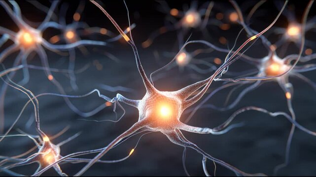 brain cells or neurons with glowing fibers