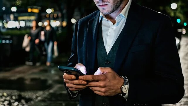 A gentlemanly man in a suit and vest is operating his smartphone on a street corner that looks like it's just after a rain shower at night.