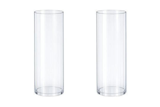 Two empty transparent glass cylinder vases mockup