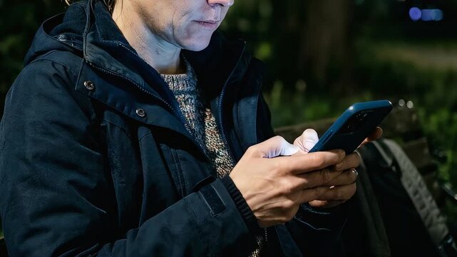 A woman intently using her smartphone on a bench at night.