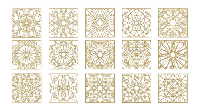 Islamic geometric pattern set, gold laser cut square panels on white background
