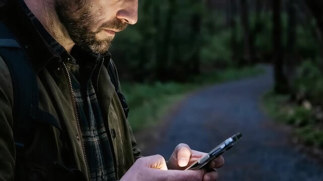 A male backpacker is using his smartphone on a dark forest path.