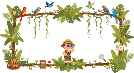 boy explorer in safari outfit looking through binoculars inside tropical jungle frame with parrots leaves and travel equipment vector © MDRONI