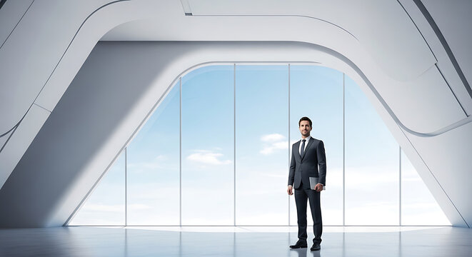 Elegant businessman standing in a futuristic minimalistic architectural pavilion featuring curved white structures against a clear blue sky, symbolizing modern corporate success and innovation.