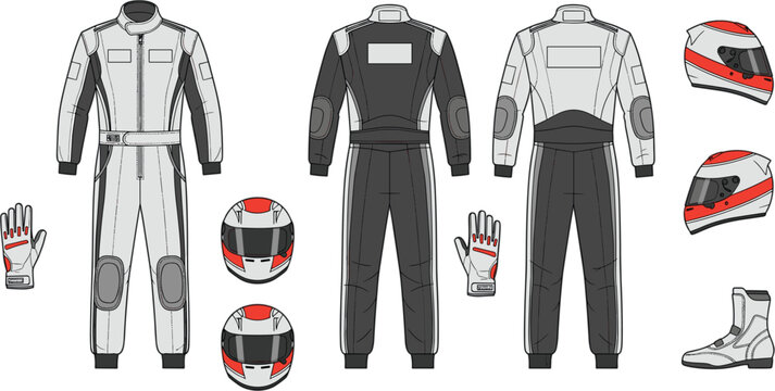 Professional Racing Suit Vector Template with Helmet Gloves and Boots Set for Motorsport Drivers and Automotive Sports Design