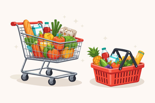 Supermarket shopping cart and red basket filled with fresh groceries, healthy vegetables, fruits, bread, milk, and juice, simple flat vector illustration for retail and consumerism concepts.