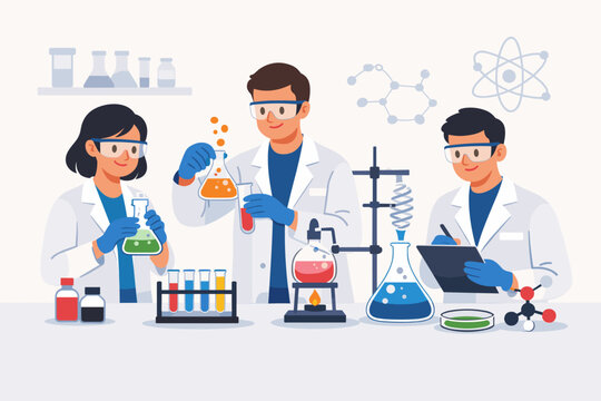 Team of professional scientists conducting chemical research and experiments in a modern laboratory with beakers, test tubes, and equipment. Flat vector illustration for science and education.