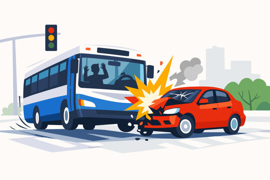 Flat vector illustration of a traffic accident involving a blue and white bus and a red car at a city intersection with a traffic light, showing impact, shattered glass, smoke, and emergency.
