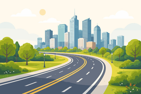 Modern flat vector illustration of a winding asphalt highway leading towards a metropolitan city skyline with skyscrapers, surrounded by lush green trees and park landscape under a sunny sky.