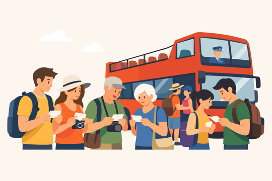 Diverse Group of Happy Tourists with Backpacks and Cameras Checking Their Tickets Before Boarding a Red Double-Decker Sightseeing Bus for a City Tour, Flat Vector Illustration Travel Concept