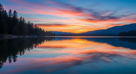 Obraz premium Vibrant Sunset Over Calm Lake with Forest Reflection