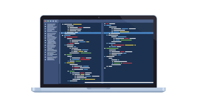 Close-up of a laptop screen displaying coding software on a plain white background with a dark blue and colorful coding interface.