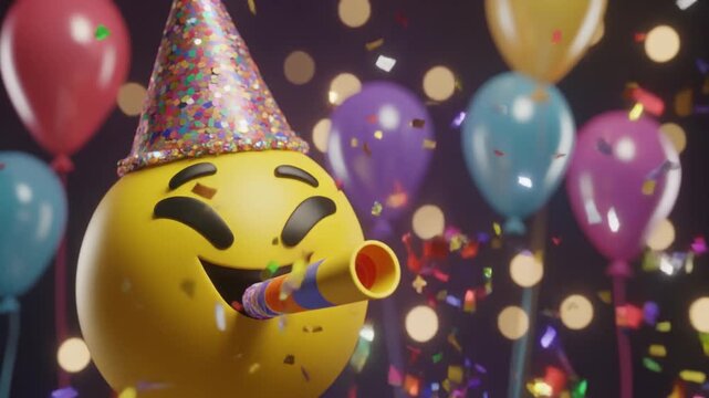 Happy 3D Birthday Emoji Celebrating with Party Horn and Confetti