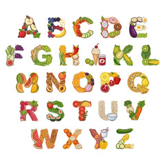 Fototapeta premium Fruit alphabet letters A to Z made of colorful fruits healthy food typography vector set