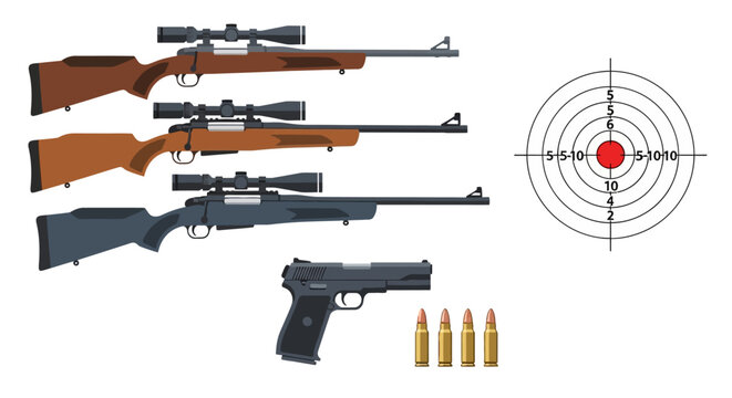 Rifles and handgun with ammunition and target on white background