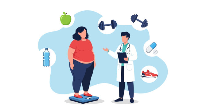 Doctor discussing weight loss with a patient on a scale surrounded by fitness icons.