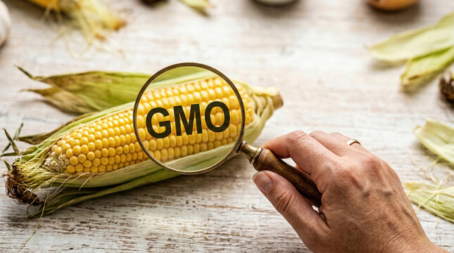 A hand holds a magnifying glass over a corn ear with the GMO label. The setting is a kitchen with various items around. The focus is on the corn and the magnifying glass