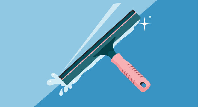 Flat lay of a pink-handled squeegee with soap suds on a blue background