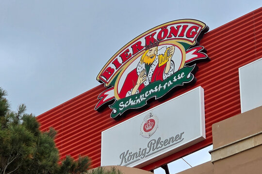 PALMA, SPAIN - MARCH 10, 2026: The famous Bierk&ouml;nig logo and mascot sign on Schinkenstrasse in Platja de Palma, Mallorca, Spain