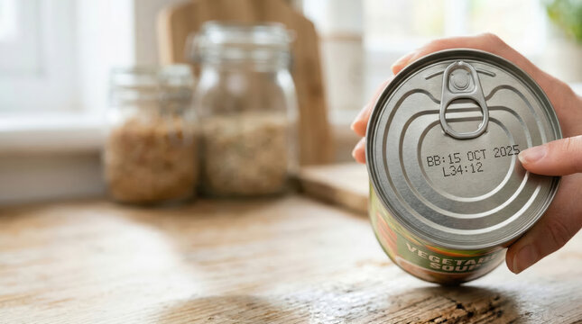 A hand holds a can of vegetable soup while checking the expiration date. There are jars of food on the wooden table and sunlight comes through the window