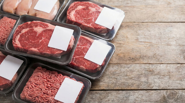 Several packs of meat are arranged on a wooden table. There are steaks, ground meat, and chicken packages ready for purchase. Labels are visible but blank