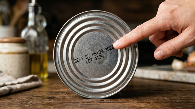 A person points at the expiration date on a can in a kitchen. The table has olive oil and other items nearby. Food is being prepared for cooking