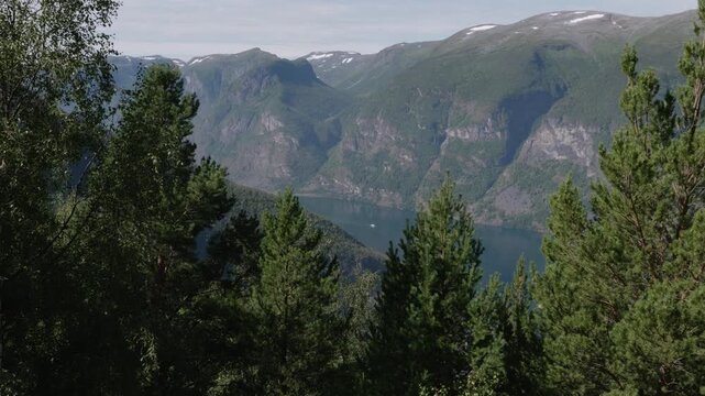 Stegastein panaramatic viewpoint of the fjord and town Flam in Norway