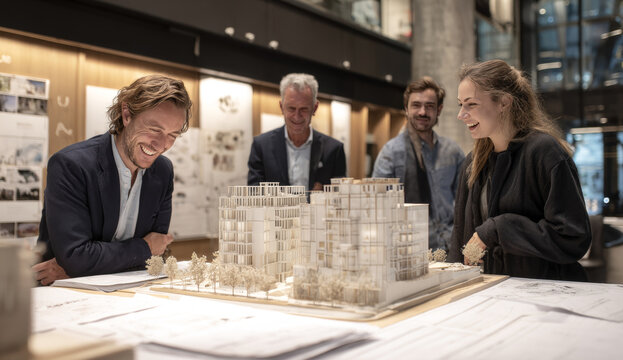 Group of architects discussing and examining a detailed scale model of a modern residential building in an architectural studio
