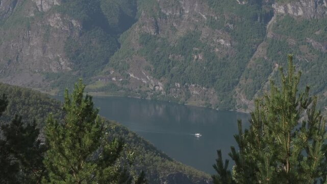 Stegastein panaramatic viewpoint of the fjord and town Flam in Norway