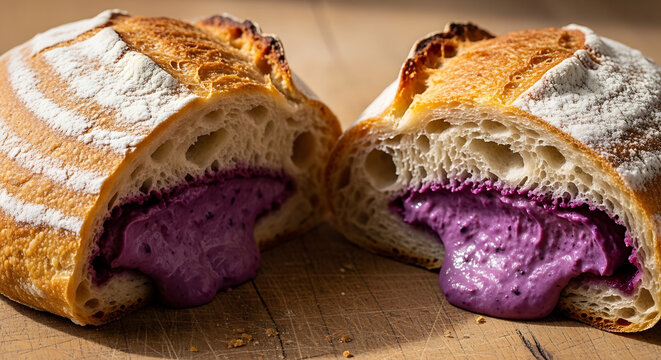Artisan bread loaf with vibrant purple yam filling on a rustic wooden surface in bright natural light showcasing creative food photography and gourmet bakery craftsmanship