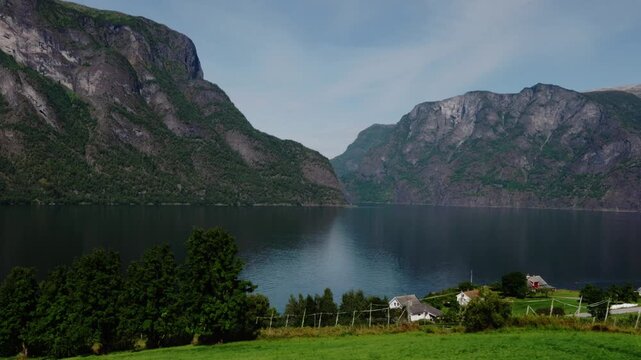 Stegastein panaramatic viewpoint of the fjord and town Flam in Norway