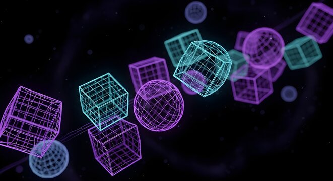 Neon Geometric Shapes Floating In Space