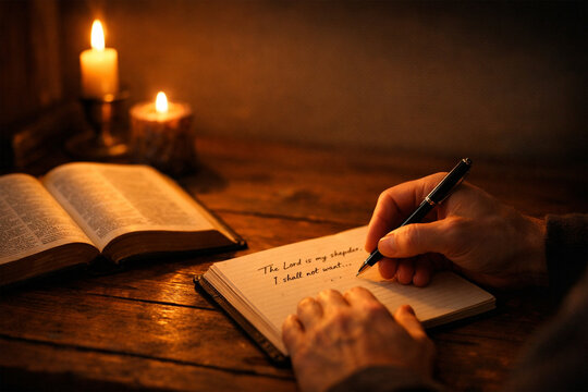 Writing Bible Verse by Candlelight &ndash; Christian Devotional and Quiet Time Concept