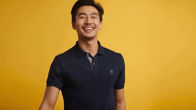 明るい黄色背景で日本人青年が紺のポロと大きいジーンズで喜ぶ