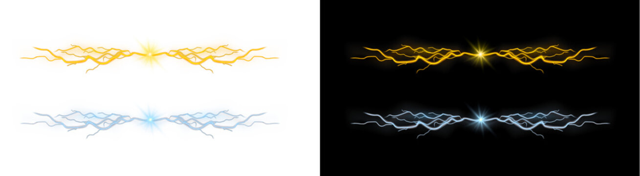 PNG image of&nbsp;Set of bright glowing golden yellow and cool blue lightning bolt effects for digital design on transparent background