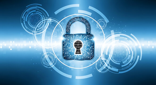 Futuristic digital padlock icon with glowing binary code stream and abstract geometric circles on a gradient blue and white cyber security background for data protection concept.