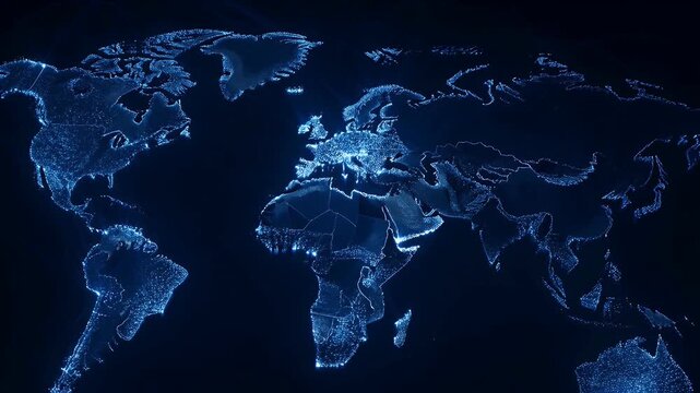 Blue Geometric World Map with Light Effects on Dark Background with ai generated